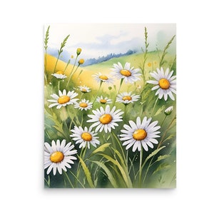 Daisies Meadow Painting Daisy Watercolor Art Print Wildflowers Meadow Wall Art Field of White Flowers Art Summer Meadow Landscape Art Print