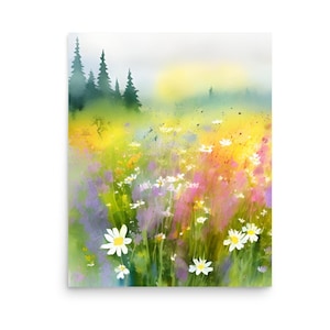 Wildflowers Painting Vermont Watercolor Art Print Daisy Field Wall Art Mountain Flowers Meadow Art Nature Neutral Flowers Meadow Landscape
