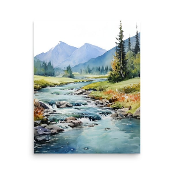 Idaho Painting Mountain River Watercolor Art Pine Tree Wall Art Idaho Landscape Art Print Evergreen Trees Art Salmon Mountain River Paster