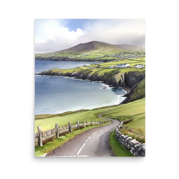 Dingle Peninsula Painting Ireland Landscape Watercolor Art Print Irish Coastal Wall Art Green Hills Art Coastal Artwork Irish Farmland Print