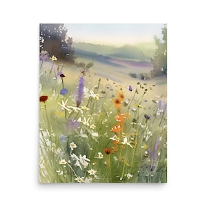 Wildflower Meadow Watercolor Art Print: Spring Landscape