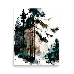 Pine Trees Painting Pine Forest Watercolor Art Print Pacific Northwest Misty Forest Landscape Print Evergreen Trees Wall Art Foggy Forest