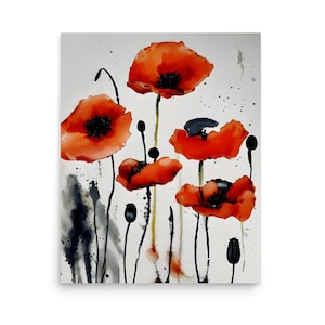 Poppies Painting Red Poppy Watercolor and Ink Art Print Botanical Wall Art Flowers Painting Large Floral Art Poster from My Original Artwork