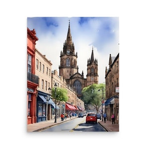 Edinburgh Painting Scotland Cityscape Watercolor Art Print Scottish Town Wall Art Edinburgh Street and St Mary&#39;s Cathedral Watercolor Print