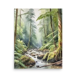 May include: A watercolor painting of a forest stream with lush green foliage and a misty atmosphere. The stream flows through a rocky bed, surrounded by tall trees and ferns.