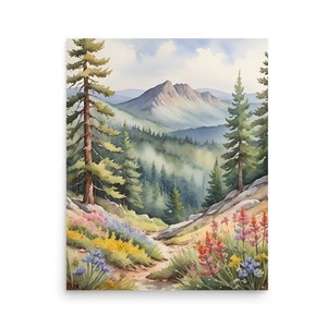 Fleurs de printemps, peinture aquarelle montagnes Rocheuses, impression d'art sur sentier de randonnée, art mural paysage du Colorado, art mural prairie de fleurs sauvages, impression de pin
