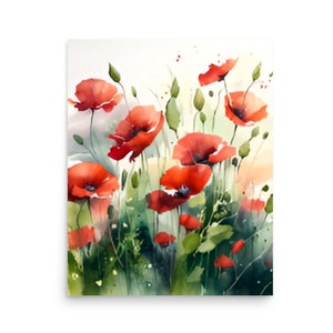 Champ de coquelicots, impression d'Art aquarelle de Toscane, impression d'art murale de prairie de coquelicots, art de fleurs sauvages, art de paysage de campagne de l'Italie, art de champ de coquelicots rouges
