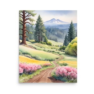 Mount Hood Painting Oregon Watercolor Summer Landscape Pacific Northwest Print Hiking Trail in Wildflowers Meadow and Pine Forest Art Print