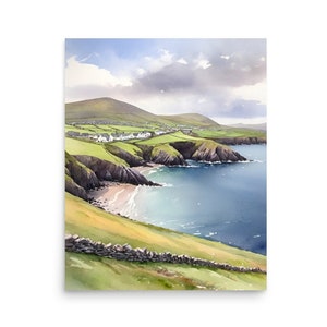 Dingle Peninsula Watercolor Painting Ireland Landscape Print Irish Coast Wall Art Green Hills Artwork Ireland Coastline Watercolor Print