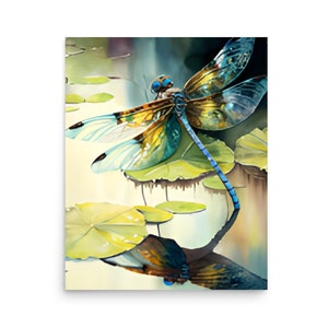 Dragonfly Watercolor Painting Dragonfly Art Print Insects Painting Dragonfly and Lake Wall Art Botanical Dragonfly Giclee Fine Art Print