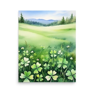 Clover Meadow Painting Four Leaf Clover Field Watercolor Art Print Wildflowers Wall Art Irish Country Landscape Artwork Ireland Wall decor