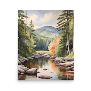 Adirondack Mountains Painting Mountain Forest River Watercolor Art Print Pine Forest Wall Art Neutral Mountain Landscape Earth Tones Artwork
