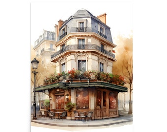 Paris Cityscape Watercolor Art Print: Coffee Shop Scene