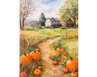 May include: A watercolor painting of a country road lined with pumpkins leading to a farmhouse in the distance. The road is dirt and the pumpkins are orange and scattered along the path. The farmhouse is white with a brown roof and there are trees on either side of the road.