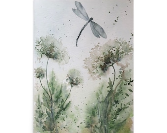 Dragonfly Painting Dragonfly and Queen Anne&#39;s Lace Watercolor Art Print Wildflowers Meadow Art Insect Wall Art Botanical Art Print