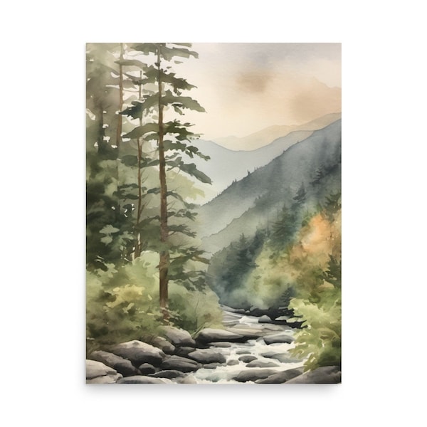 Smoky Mountains Watercolor Art Print: River, Pine Forest Wall Art