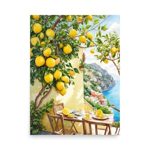 Positano Aquarell Kunstdruck: Amalfiküste Zitronenbaum Stadtbild