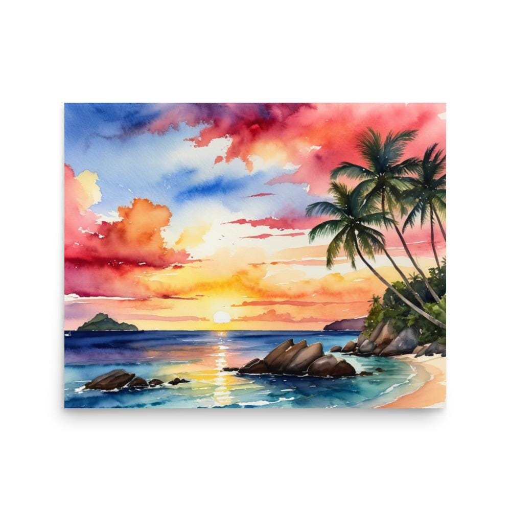 Seychelles Beach Painting Ocean Island Sunset Seascape Watercolor Art ...