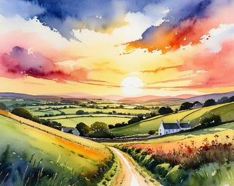 Irish Countryside Watercolor Art Print: Sunset Landscape, Farmhouse Decor