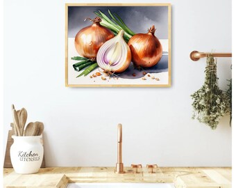 玉ねぎの水彩画アートプリント：農家のキッチンの静物画 - Etsy 日本