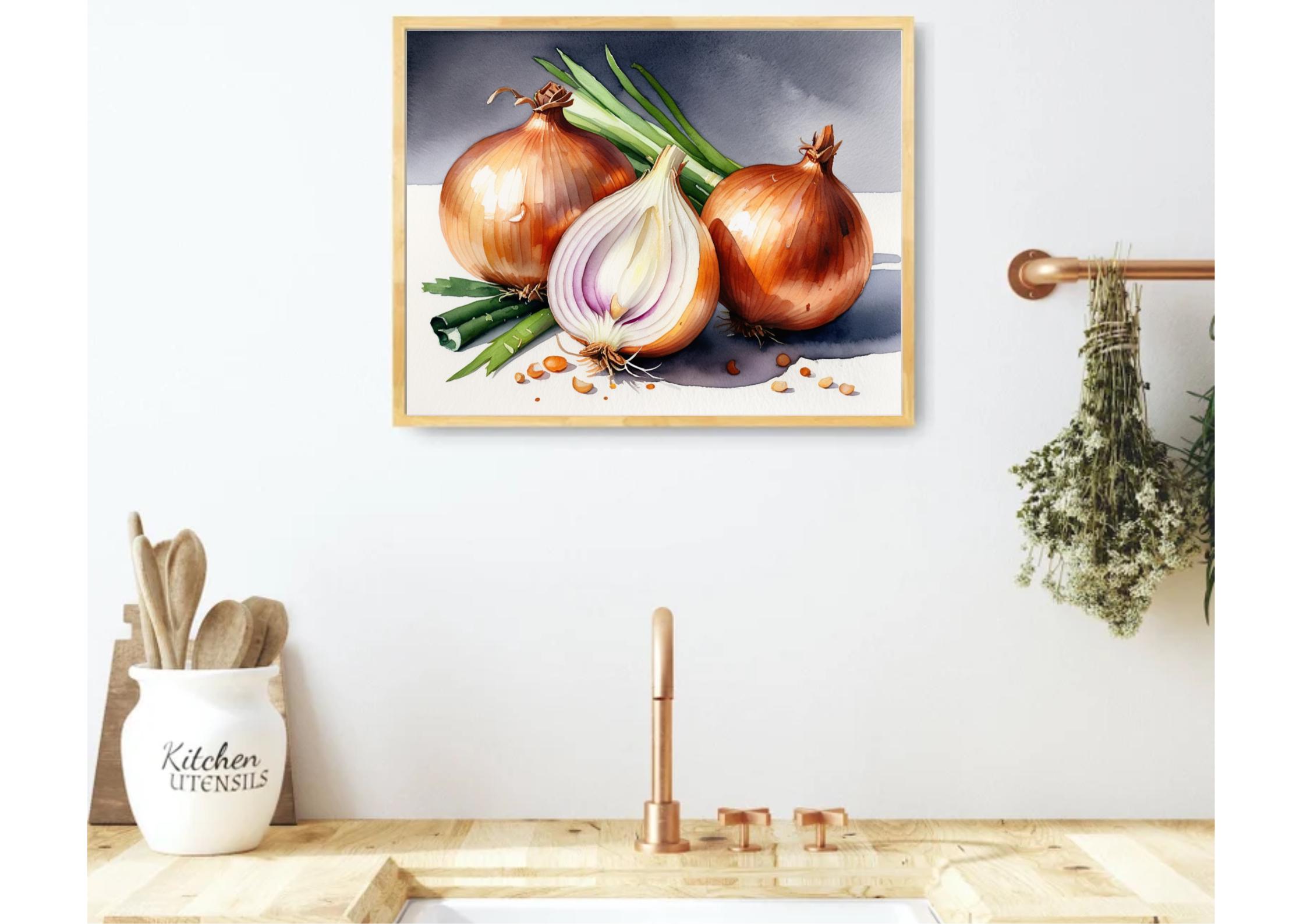 玉ねぎの水彩画アートプリント：農家のキッチンの静物画 - Etsy 日本