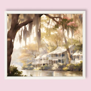 Louisiana landschap aquarel schilderij rivier en huis in Louisiana Art Print panoramisch stadsgezicht Wall Art grote Louisiana poster afbeelding 2