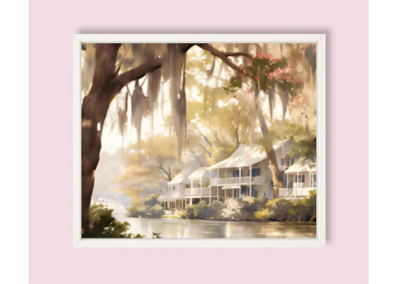 Louisiana landschap aquarel schilderij rivier en huis in Louisiana Art Print panoramisch stadsgezicht Wall Art grote Louisiana poster afbeelding 2