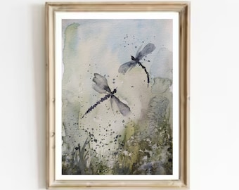 Dragonfly Watercolor Painting Wild Flowers and Dragonfly Print Insects Watercolor Print Botanical Abstract Print Flowers Field Watercolor