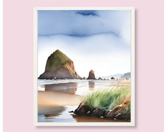 Cannon Beach Painting Haystack Rock Watercolor Art Print Oregon Coast Poster Seascape Coastal Wall Art Pacific Northwest Coastline Art Print