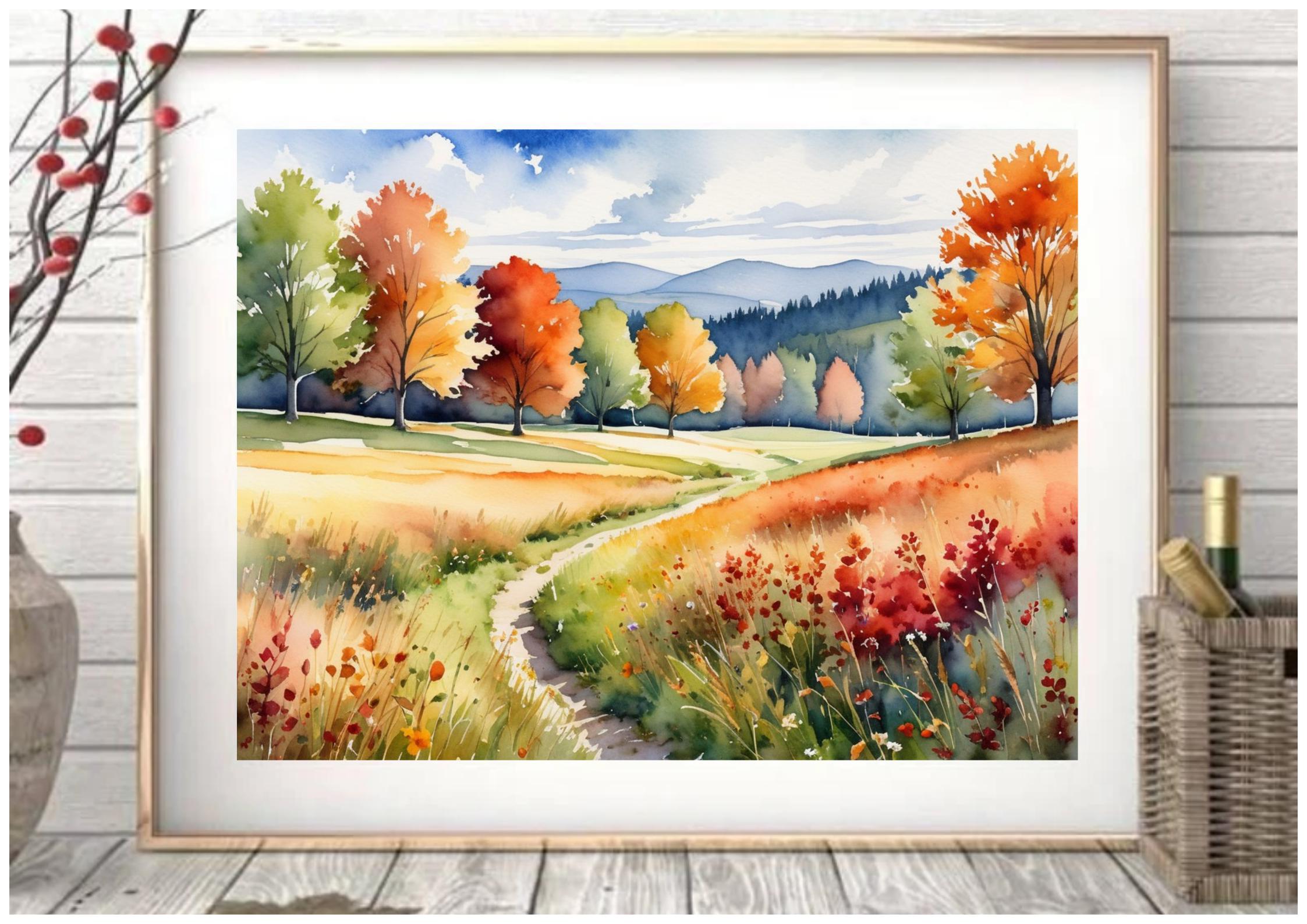 バーモントの秋の水彩画：秋の風景画アートプリント - Etsy 日本