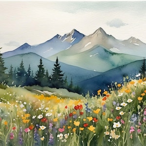 Rocky Mountains Watercolor Art Print: Wildflower Meadow Landscape