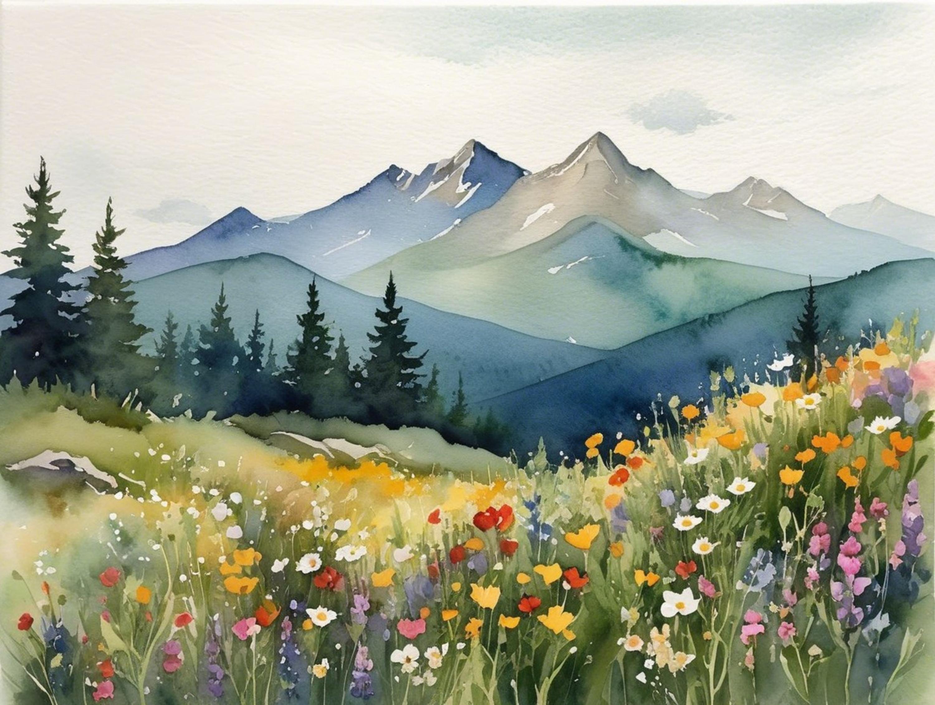 Rocky Mountains Watercolor Art Print: Wildflower Meadow Landscape - Etsy