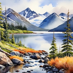 Alaska Nature Painting Mountain Lake Watercolor Art Print Alaska Landscape Wall Art Pine Forest Art Alaska Travel Poster Northern Landscape