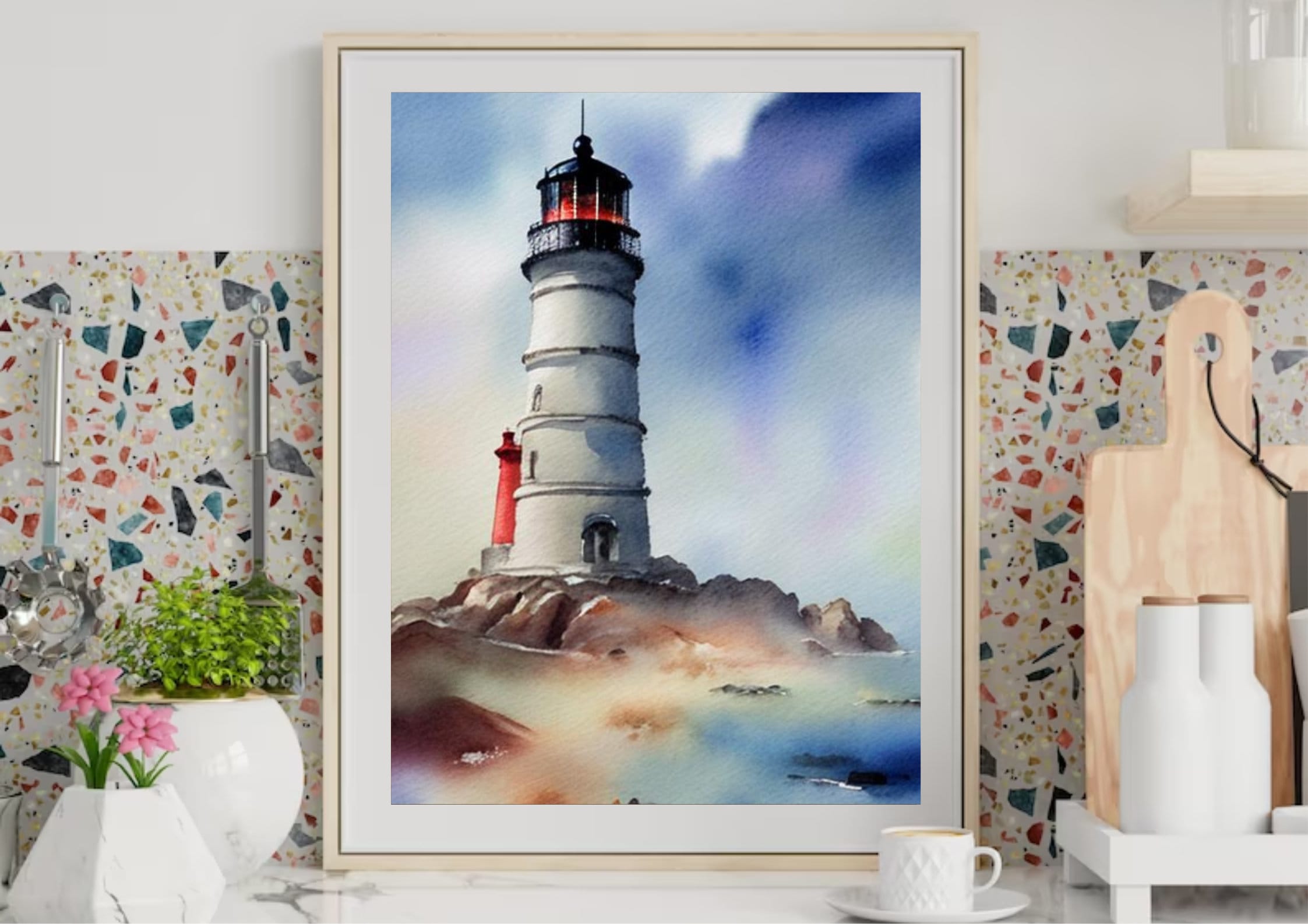 Lighthouse Watercolor Painting Seascape and Lighthouse Art Print Sea ...