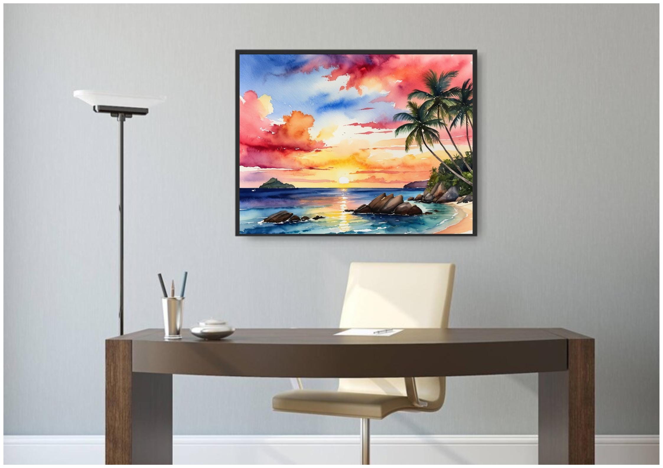 Seychelles Beach Painting Ocean Island Sunset Seascape Watercolor Art ...