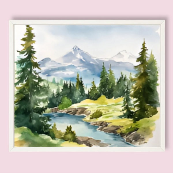 Rocky Mountain Painting Colorado Landscape Watercolor Art Forest River Art Print Pine Trees Wall Art Misty Mountain River Nature Painting