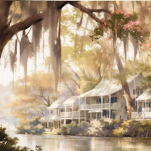 Louisiana landschap aquarel schilderij rivier en huis in Louisiana Art Print panoramisch stadsgezicht Wall Art grote Louisiana poster afbeelding 10