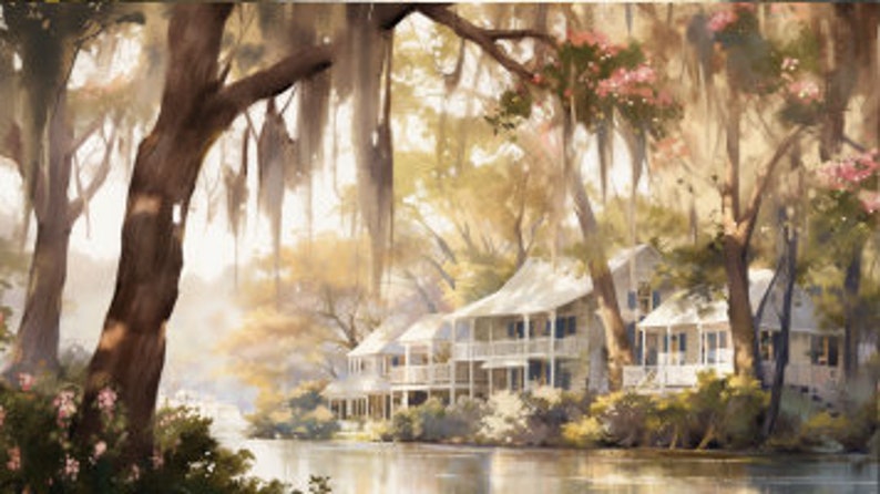 Louisiana landschap aquarel schilderij rivier en huis in Louisiana Art Print panoramisch stadsgezicht Wall Art grote Louisiana poster afbeelding 10