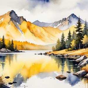May include: A watercolor painting of a mountain lake scene with a reflection of the mountains in the water. The mountains are a mix of yellow, orange, and blue, and the water is a light blue. There are trees on the shore of the lake.