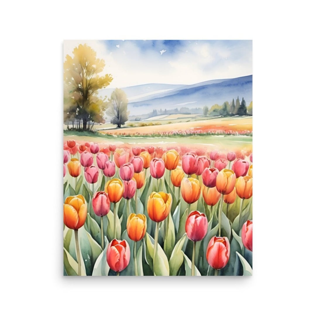 Tulips Field Watercolor Art Print: Spring Landscape Poster - Etsy