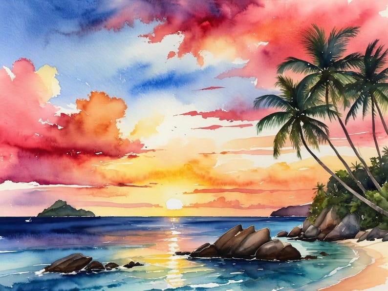 Seychelles Beach Painting Ocean Island Sunset Seascape Watercolor Art ...