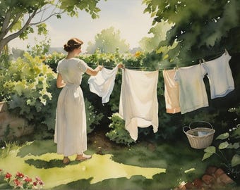 May include: Watercolor painting of a woman hanging laundry on a clothesline in a sunny garden. White and light-colored clothing hangs on the line. A wicker basket sits on the grass. Green foliage and flowers surround the scene.
