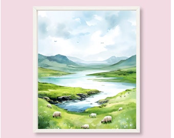 Scotland Painting Green Field with Grazing Sheep Watercolor Landscape Art Print Scotland Country Landscape Art Green Meadow with Sheep Print