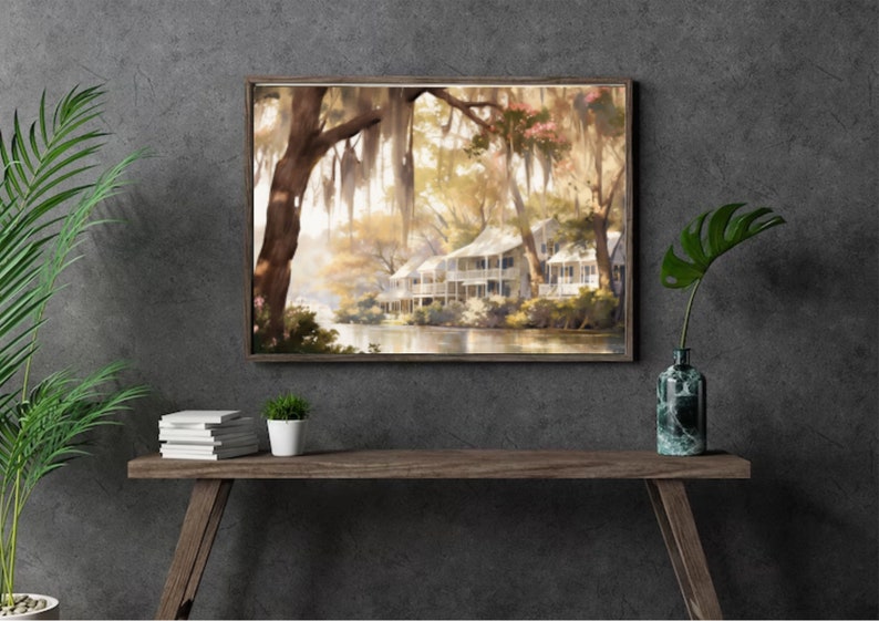 Louisiana landschap aquarel schilderij rivier en huis in Louisiana Art Print panoramisch stadsgezicht Wall Art grote Louisiana poster afbeelding 3