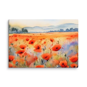 Poppies Field Painting Meadow with Poppies Watercolor Art Print on Canvas Panoramic Wildflowers Meadow Wall Art