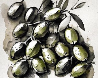 Green Olives Art Print, Watercolor Still Life Painting