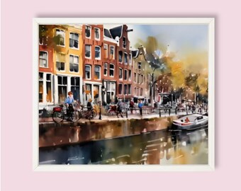 Amsterdam Painting Dutch Cityscape Watercolor Art Print Amsterdam Cityscape Wall Art Holland Travel Poster House in Amsterdam Art  Print