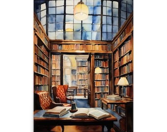 New York City Library Watercolor Art Print: Bookstore Painting