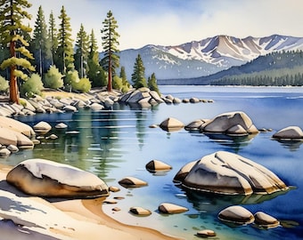 Lake Tahoe Watercolor Art Print: California Mountain Lake Poster