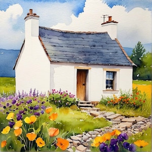 Irish Cottage Painting Ireland Countryside Watercolor Art Print Cottage with Flowers Garden Wall Art Irish Farmhouse Art Ireland Gifts